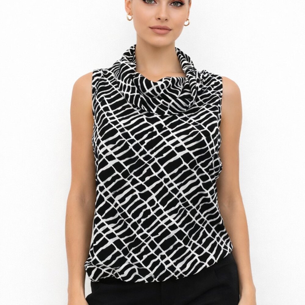 Saks Fifth Avenue Folio Sleeveless Cowl Neck Top Abstract Print Black White L